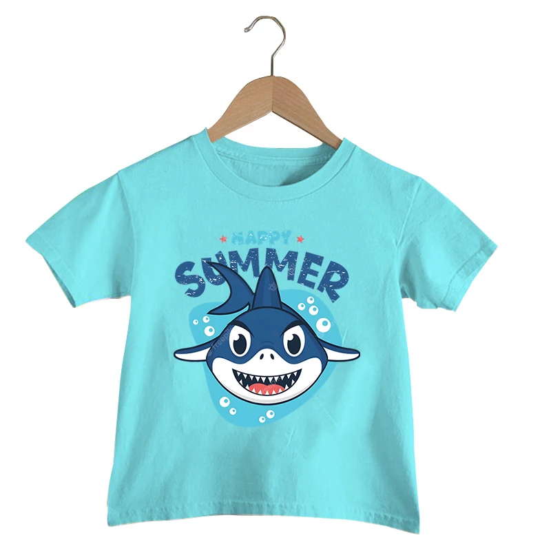 

Счастливая летняя футболка с принтом, Детская футболка Kawaii Shark, летние топы с мультяшными животными, футболки Harajuku Shark для девочек, забавная Одежда для мальчиков