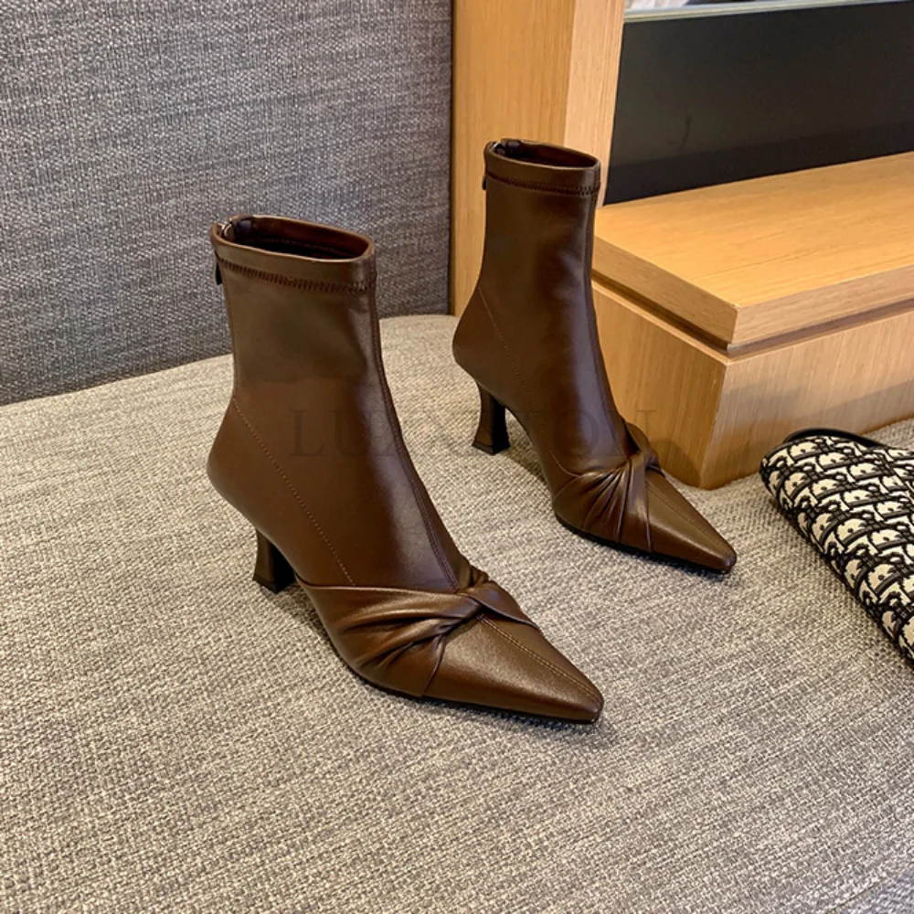 Women Boots Pointed Toe Back Zipper Butterfly Knot Kitten Heel Ladies Ankle Boots Mature Office Lady Solid Color Female Shoes