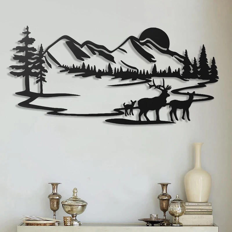 

Deers' Life With Forest And Mountain Wall Art Decoration Painting 35.3x65.8 Cm/14x26 Inch 3mm/5mm Board Hang On Room Wall