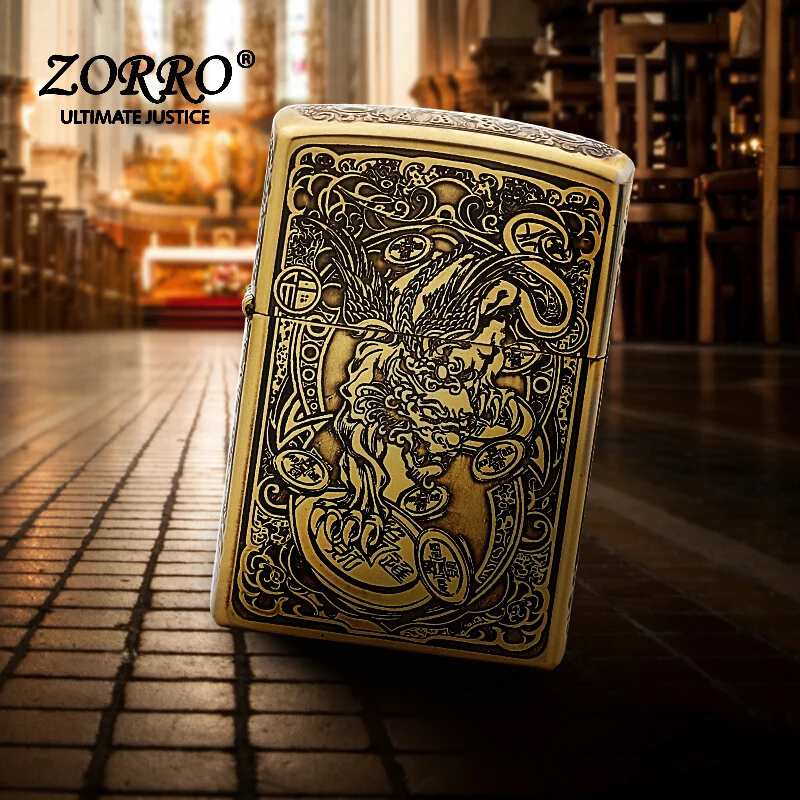 

Hong kong genuine ZORROZorro Windproof Kerosene Lighter Ancient Pure Copper Machine Four Gentlemen Custom Pattern Gift for Pers