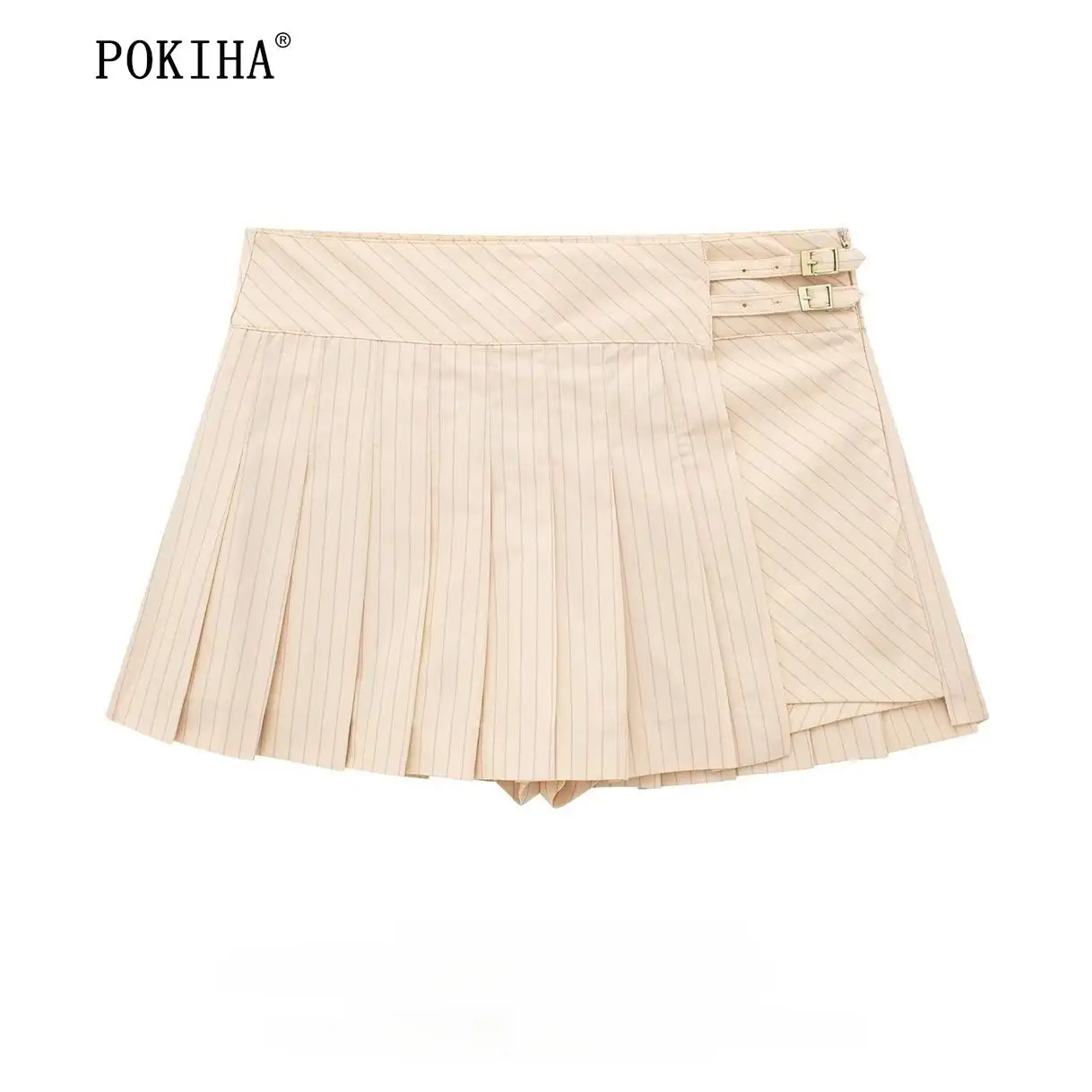 

Pokiha New Summer Fashion Women Striped Asymmetric Pleated Mini Skirt Vintage High Waist Zipper Fly Female Chic Skirts Mujer