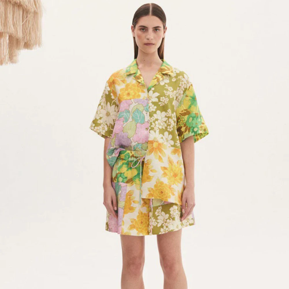 

Alem@ais* Summer Vacation Style Loose Casual Linen Print Short Sleeve Shirt + High Waist Tie Shorts 2 Piece Sets Womens Outfits