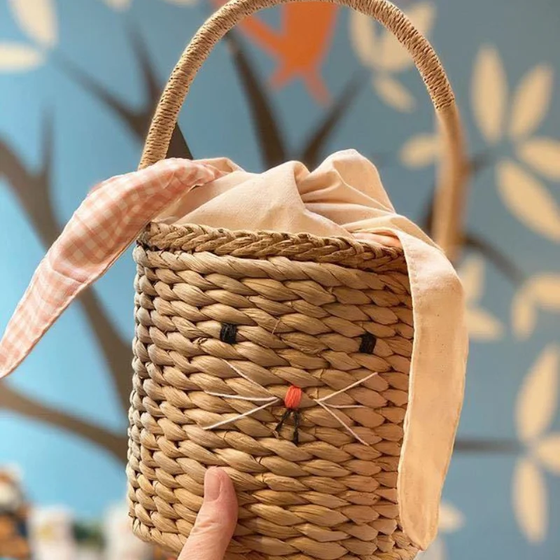 

Korean Style Kids Mini Bucket Tote Handbag Straw Crossbody Bags for Women Girls Coin Pouch Rattan Beach Shoulder Bag