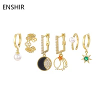 enshir gold color 6 piece earrings set for women moon star pearl zircon hoop earrings set jewelry
