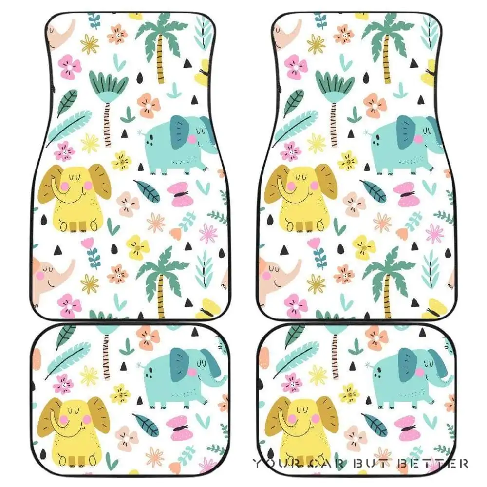 

Cute Elephants Palm Tree Flower Butterfly Pattern Front And Back Car Mats 045109