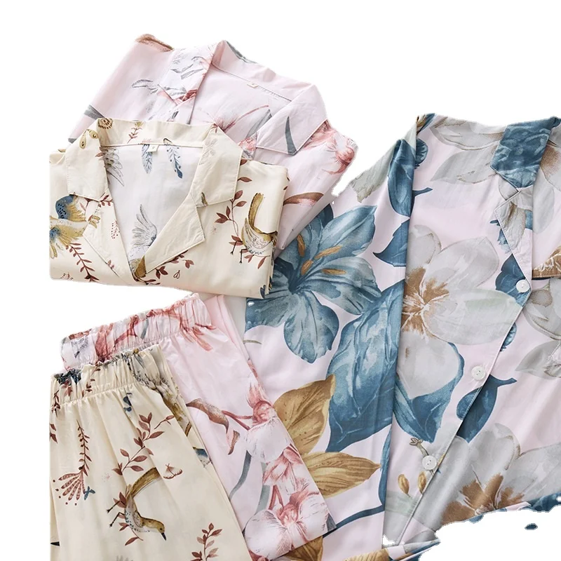 Elegant Floral Print Cotton Viscose Pajamas Long-sleeved Trousers Casual Home Wear Cartoon Pijamas Women Sleepwear