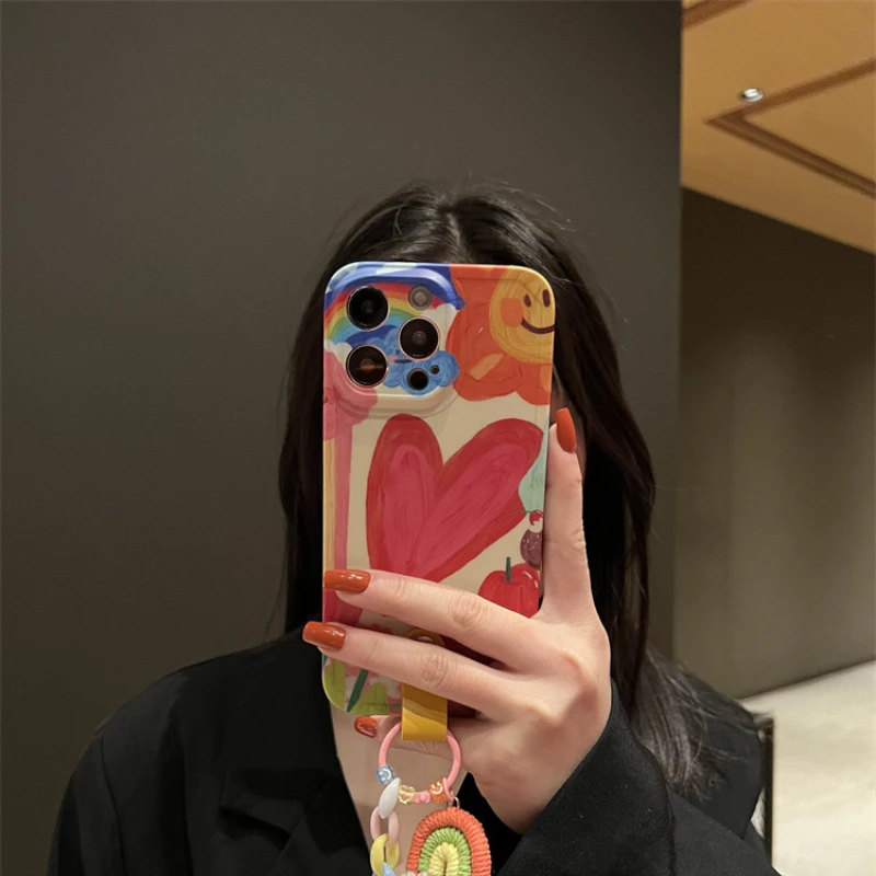 

Cartoon Cute With Lanyard Bead Bracelet Silicone Back Covers For iPhone 14 13 12 11 XS Pro Max Plus Graffiti Phone Case