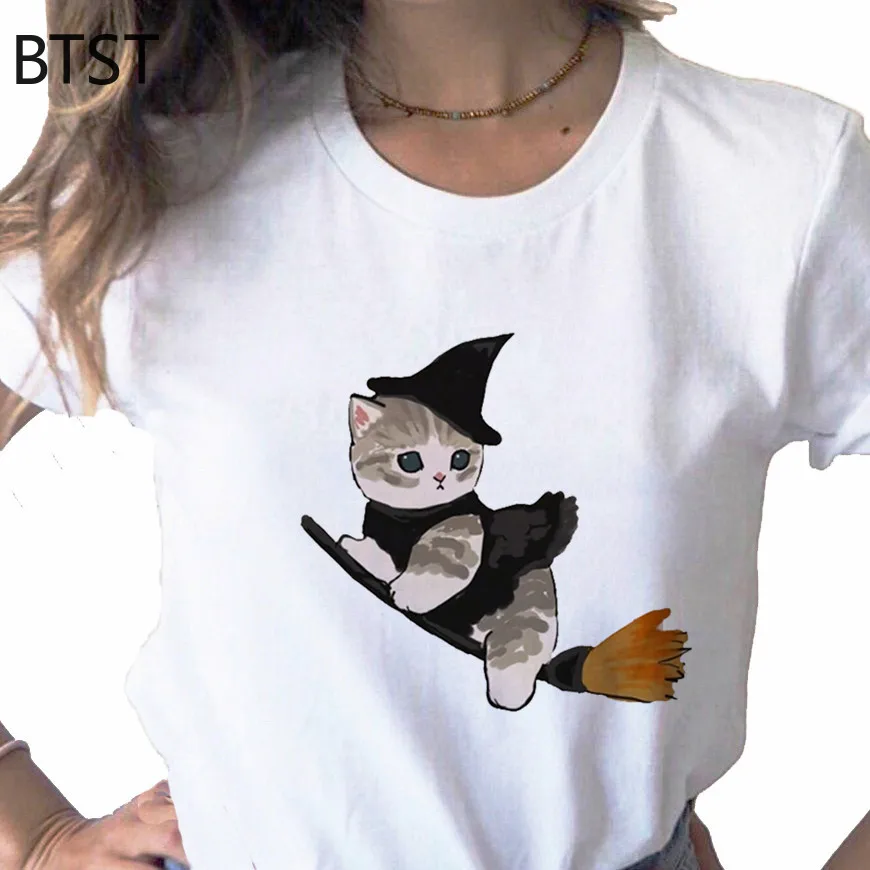 

Lovely Summer Kawaii Cat Graphic Print Ladies T-shirt Casual Basis O-collar White Shirt Short Sleeve Ladies T-shirt,Drop Ship