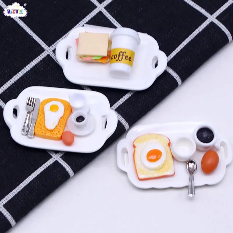 

New 1Set Dollhouse Miniature Breakfast Toast Bread Coffee Egg Fork Spoon With Dinner Plate Kitchen Food Model Decor Toy