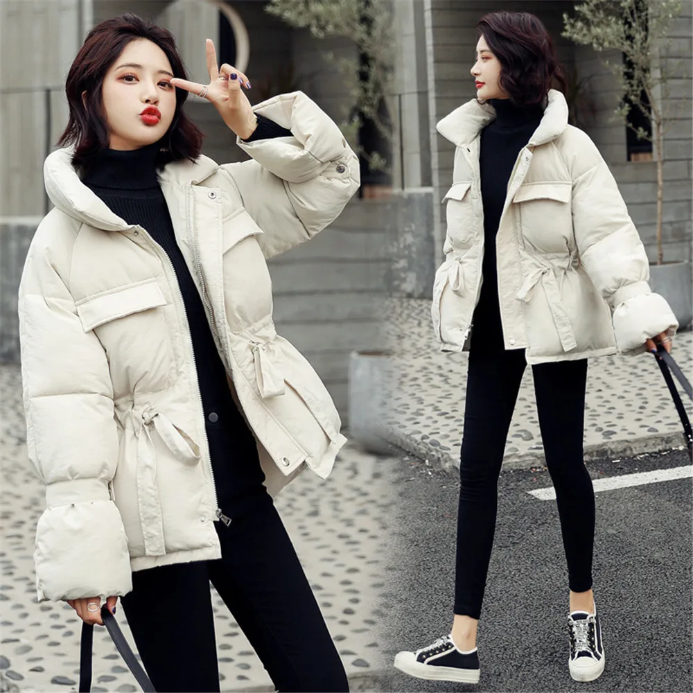 2023 New Winter Hooded Long Sleeve Solid Color Black Cotton-padded Warm Loose Jacket Women Parkas Fashion Outwear Basic Tops