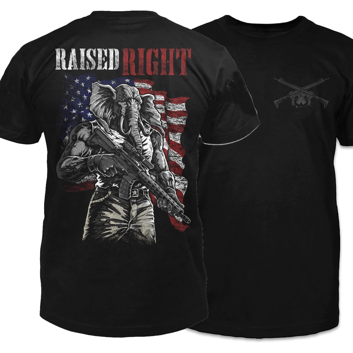 

Raised Right. Unique American Flag Republican Party Elephant Warrior T-Shirt. Premium Cotton Short Sleeve O-Neck Mens T Shirt