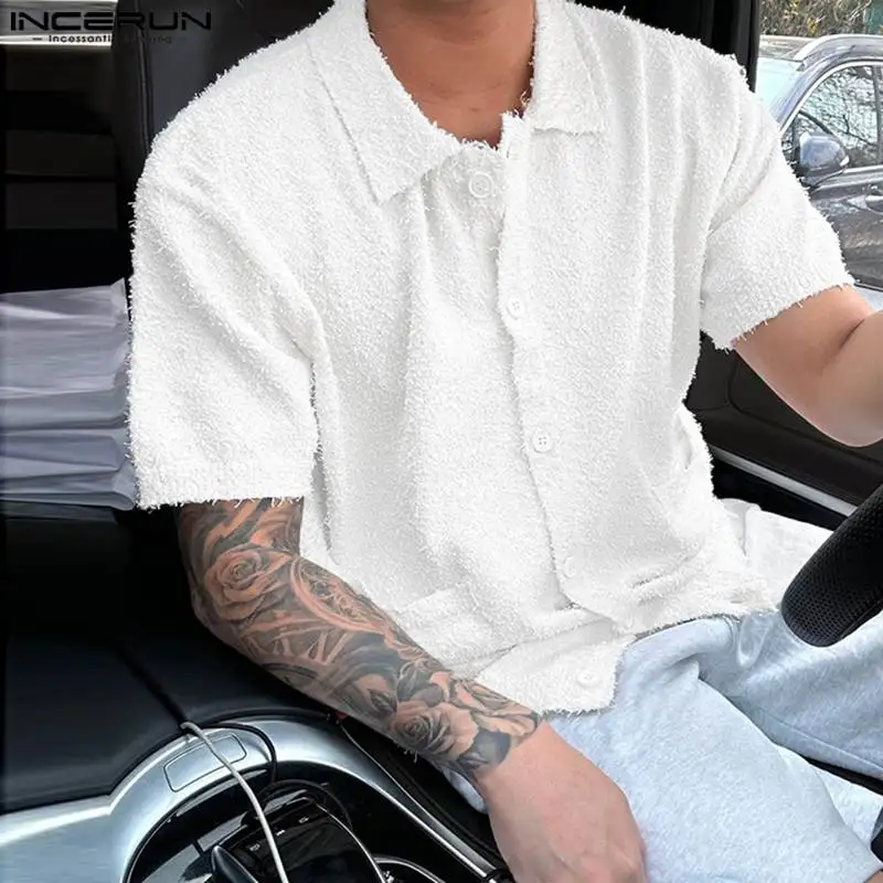 

Korean Style New Men's Knitted Solid All-match Blouse Casual Streetwear Male Short Sleeve Pocket Shirts S-5XL INCERUN Tops 2023