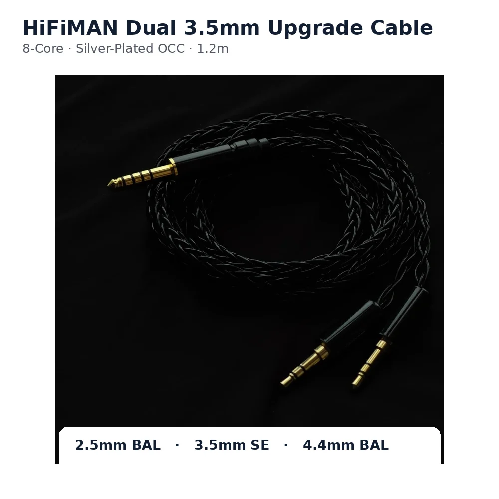 Фото HiFiMAN Edition XS HE400SE Arya Ananda Двойной кабель для апгрейда 3.5 мм, 8-жильный, посеребренный OCC, 1.2 м, с разъемами 2.5/3.5/4.4 мм, опция микрофона №1