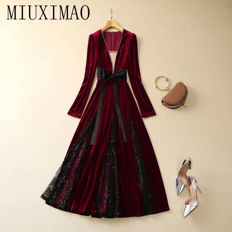 

MIUXIMAO 2023 High Quality Spring&Summer Elegant Dress Long Sleeve V-Neck Velvet Lace Fashion Long Dress Women Vestide