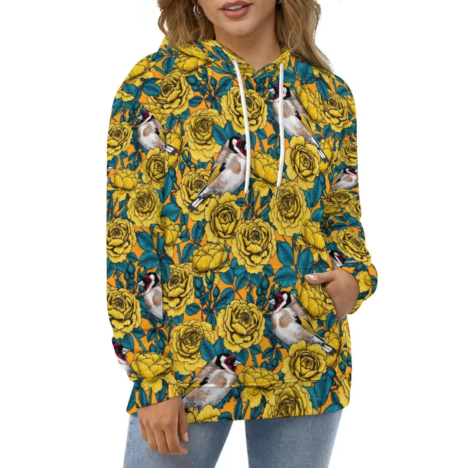 

Rose Flowers Casual Hoodies Goldfinch Birds Trendy Graphic Loose Hoodie Spring Long Sleeve Hip Hop Oversized Clothing