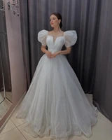 shiny glitter wedding dresses with puff short sleeve sexy bride dress 2022 v neck tulle wedding gowns princess robe de mariee