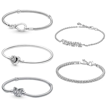 NEW 925 Sterling Silver Infinity Knot Snake Chain Bracelet Entwined Infinite Hearts Clasp Bangle Fit Women DIY Pan Charms