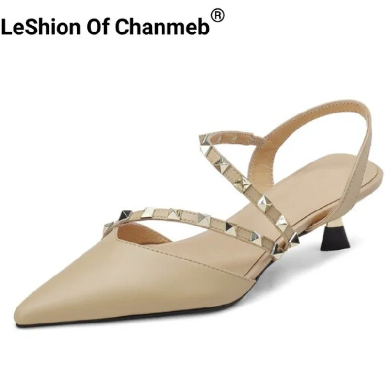 

Leshion Of Chanmeb Genuine Leather Women Sandals Kitten Heels Punk Studs Rivets Shoes Pointed Toe Summer Woman Party Nude Sandal