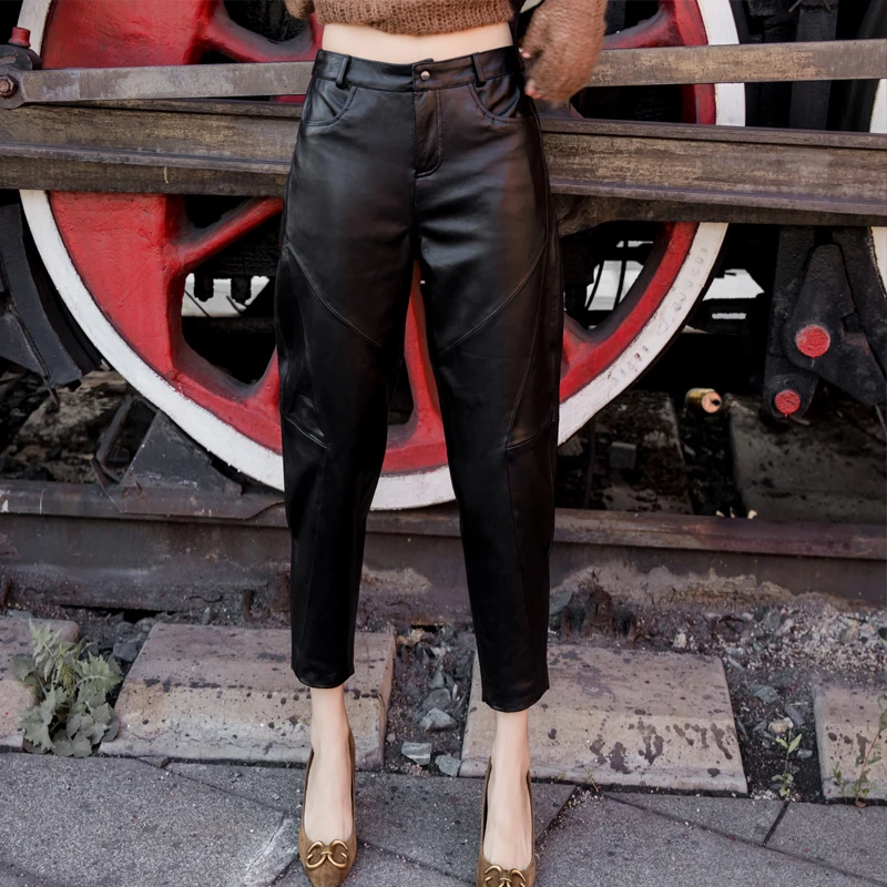 Woman Genuine Leather Vintage Jegging Pants Female High Waist Autumn Style Streetwear Trousers Ladies Ankle Trousers Mujer G232
