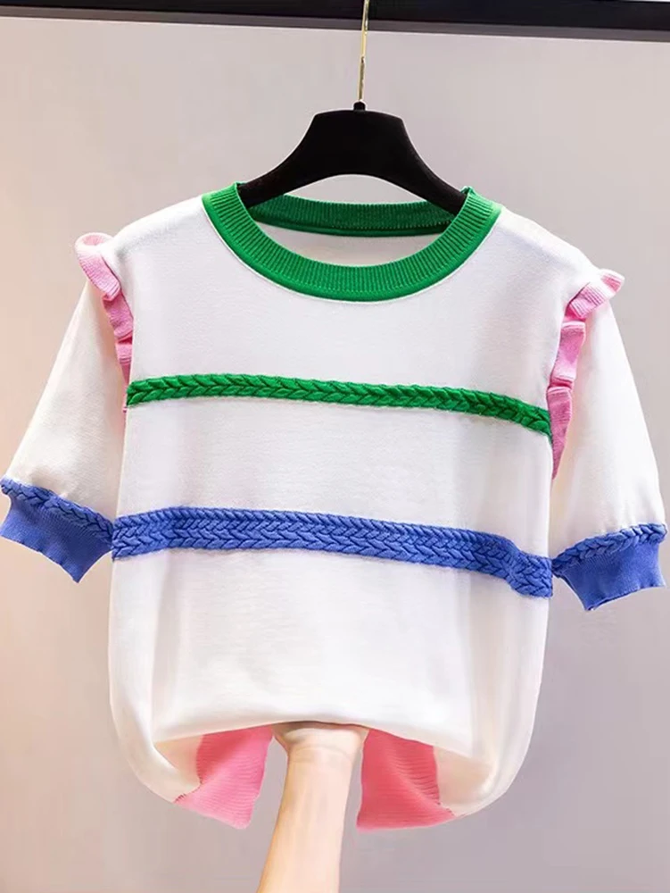 

Thin Loose O Neck Pullover Tops Hit Color Stripes Knitted Sweater Women 2022 Summer Short Sleeve Korean Style Clothes Pull Femme
