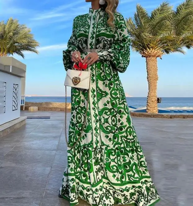 

Женское однобортное платье-трапеция, Осеннее Длинное свободное Повседневное платье с цветочным принтом, круглым вырезом и длинными рукавами