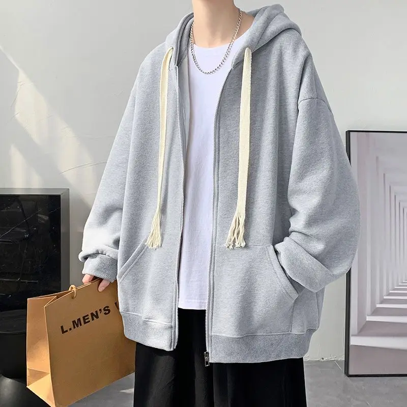 Spring Autumn Winter Fashion Solid Casual Cardigan Jacket Men's Loose Cool Boys Soft Solid Zipper Hoodie Drawstring Student Coat