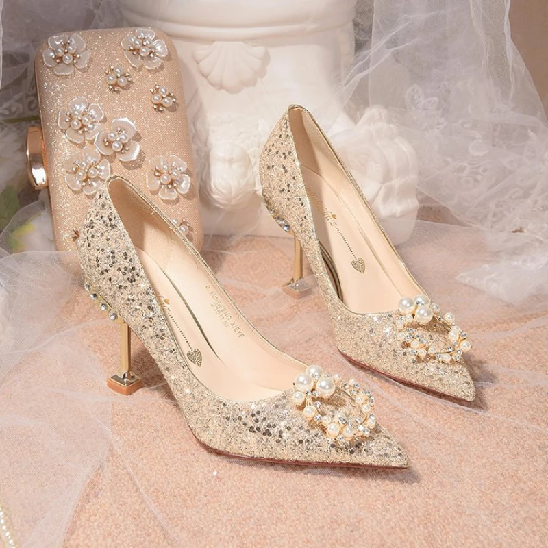 

Wedding Shoes for Women 2022 New Champagne Gold High Heels Women's Crystal Shoes Pointed Toe Woman Crystal Wedding Shoes
