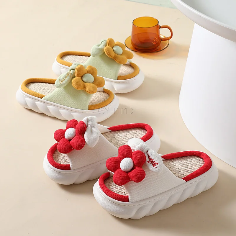 Sweet Flowers Bedroom Slippers for Women's Cotton Linen Indoor Slides Soft Thick Sole Shoes Women Slippers 2022 New All Senson