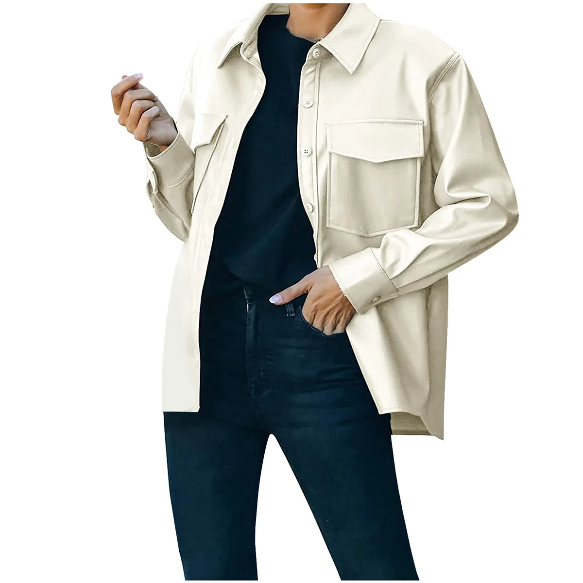 Women's Front Bbutton Faux Leather Jacket Casual Solid Color Button with Pockets Coat Casual Female Outerwear Jackets Streetwear enlarge
