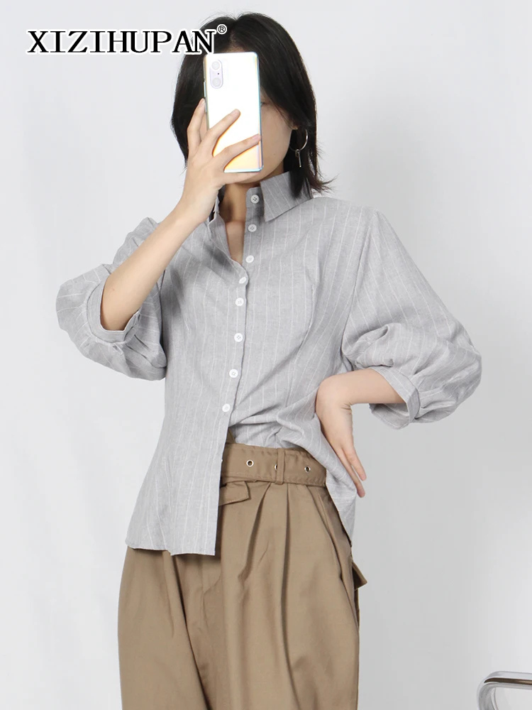 

XIZIHUPAN Casual Striped Shirt For Women Bowknot Collar Puff Sleeve Colorblock Button Through Blouses Female Clothes Fashion New