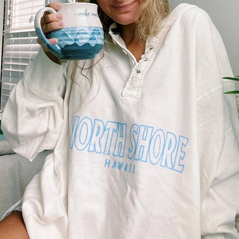 

Fashion Casual Women T-shirt Letter Print Top Tee Streetwear White Long Sleeve T-shirt Spring Button Loose T-Shirt Women Clothes