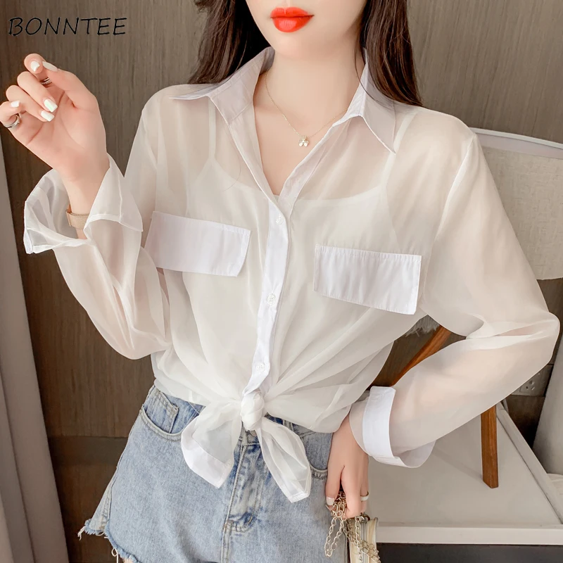 

Chiffon Blouses Women Summer Translucent Thin Design Sun-proof Ins Slim Solid Trendy Soft Clothing Students Classic Minimalist