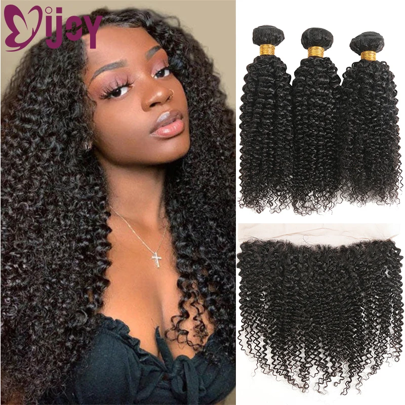 Kinky Curly Human Hair Bundles With Frontal 3/4 Bundles With 13x4 Frontal Natural Color Human Hair Bundles With Frontal Non-Remy