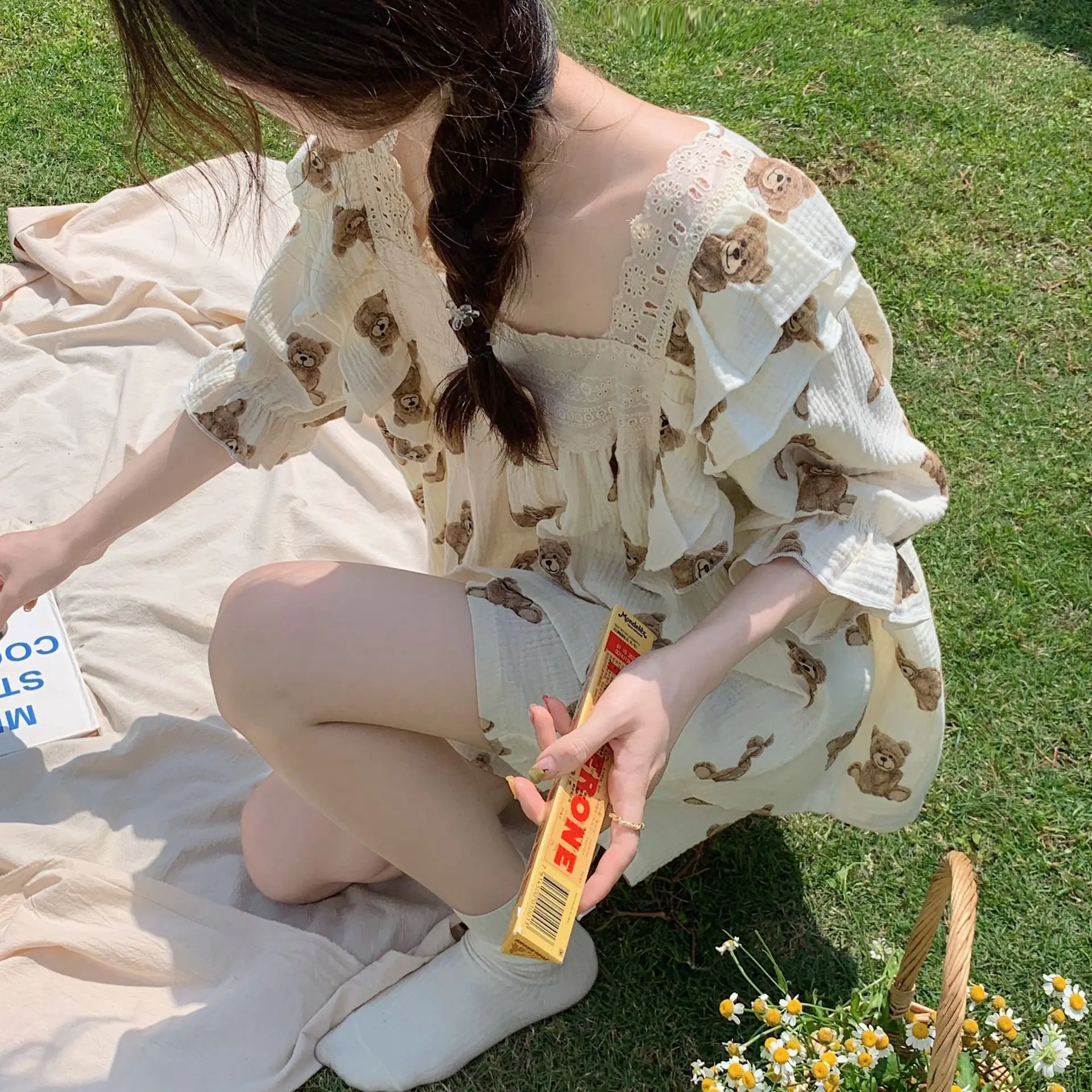 Women's Pajamas Cotton Printing Korean Style Trumpet Half Sleeves Bow Square Collar Top Loose Shorts Nightwear Women Loungewear