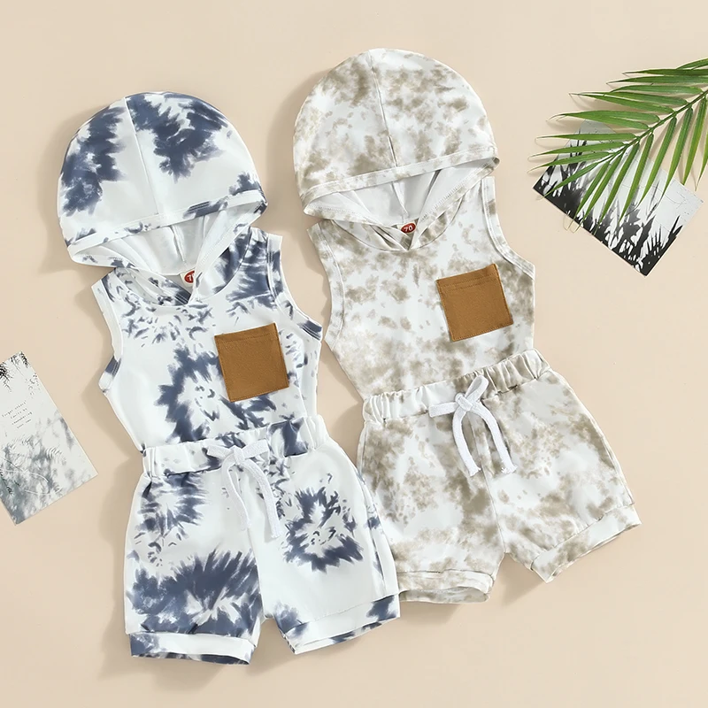 

Комплекты для новорожденных мальчиков летняя одежда наряды с принтом топы без рукавов с капюшоном и эластичные шорты детская одежда костюм
