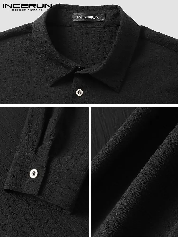 INCERUN Tops 2022 Korean Style Men's Buttons Blouse Fashion Casual Male All-match Simple Bubble Striped Long Sleeve Shirts S-5XL