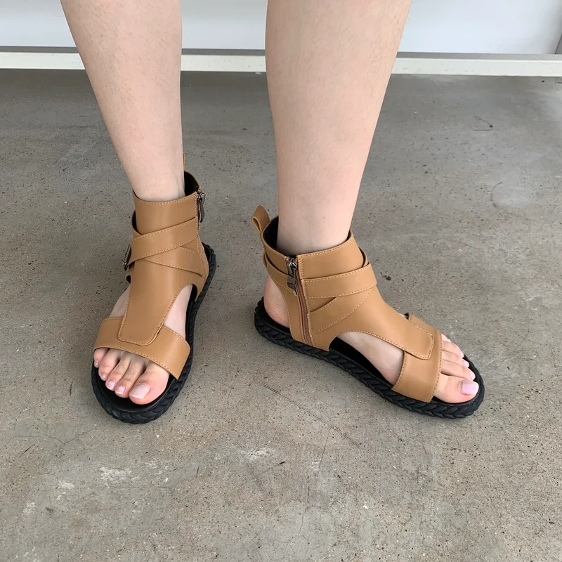 

Heel High-Top Zipper Ladies Sandals Summer Hot Sale Retro Solid Color Roman Shoes Large