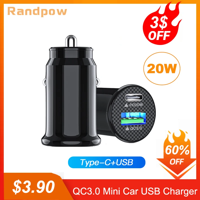

Randpow Quick Charge QC3.0 USB Car Charger PD Type C 20W Fast Car USB Charger For iPhone Xiaomi Mobile Phone Charger