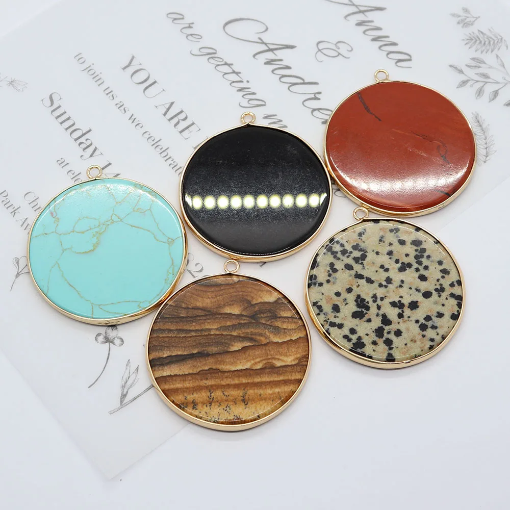 

Natural Stone Pendants 40mm Redstone Black Agate Necklace Charms for Jewelry Making DIY Earring Crystal Quartz Disc Accessories