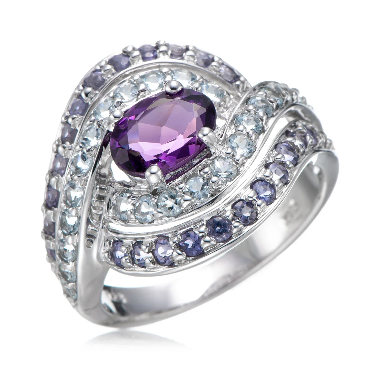 

Кольцо из серебра 925 пробы с аметистом, аквамарином и иолитным родием GESIDE