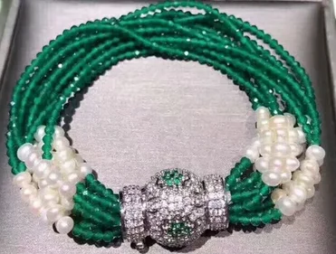 

8row Ball micro inlay zircon clasp 4mm green jade stone pearl multi-rows bracelet gift 8inch