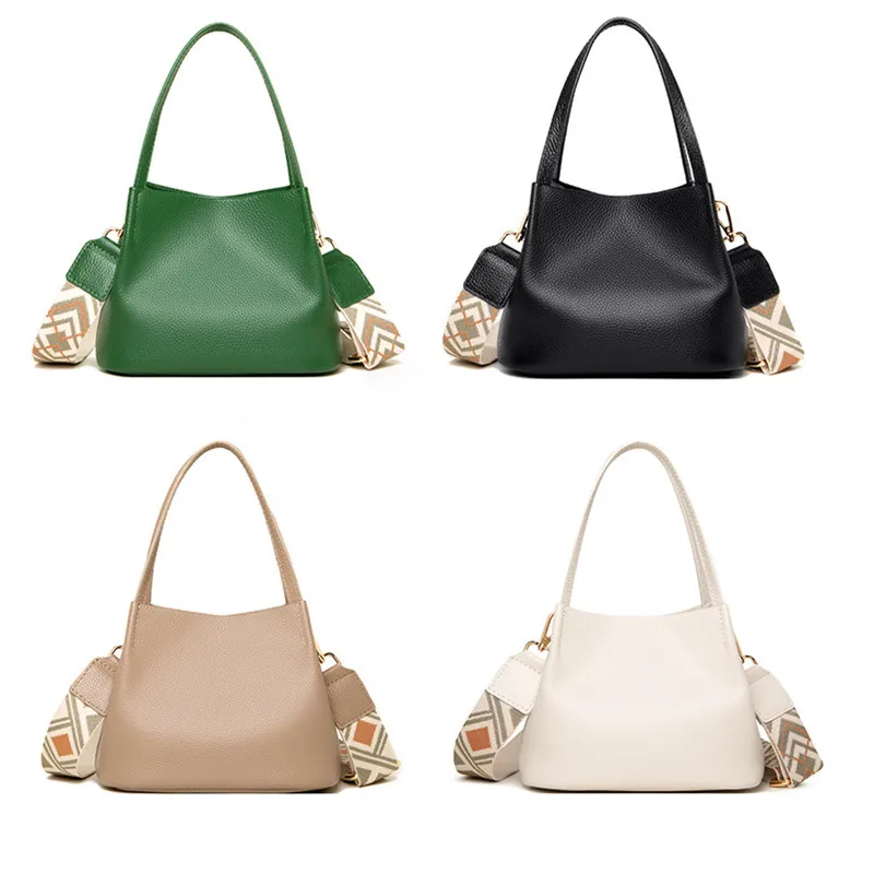 Luxury Genuine Leather Women Messenger Bag Pure Color Cowhide Female Shoulder Crossbody Bags Designer Wide Straps Ladies Handbag