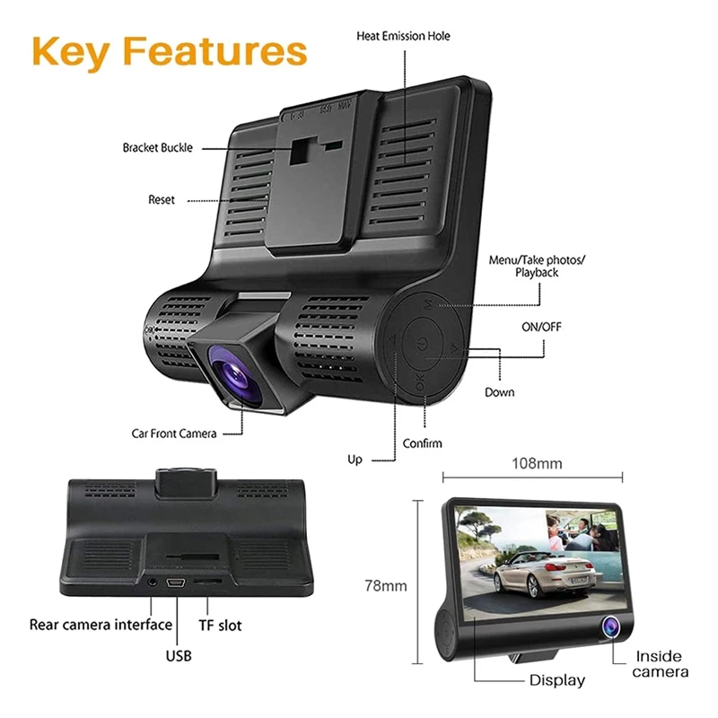 1080P 4Inch Car Dash Cam Front/Cabin/Rear DVR Video Driving Recorder Security Camera Monitor for Taxi Uber |