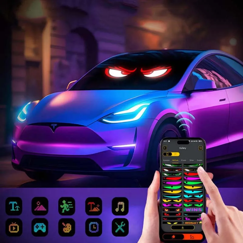 Фото Автомобильная светодиодная матрица Pixel Мягкий экран Лобовое стекло Devils Eyes Bliking Flashing LED Eyes APP Control Truck Window Board для Audi a3 BMW №1