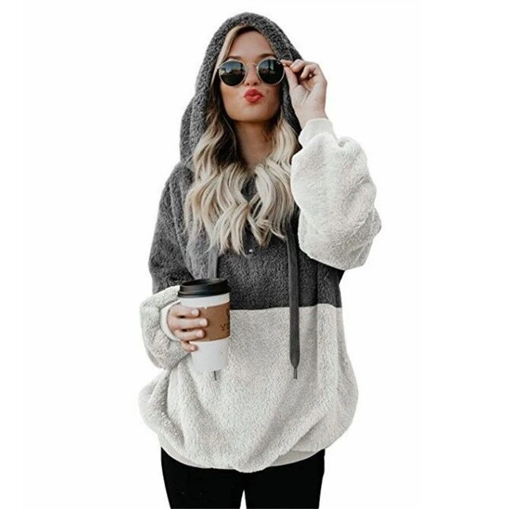 

2021 Winter Female Fashion New Winter Long Sleeve Hooded Color Block Women's Sweater Fleece Jacket Women Pullover Streetwear