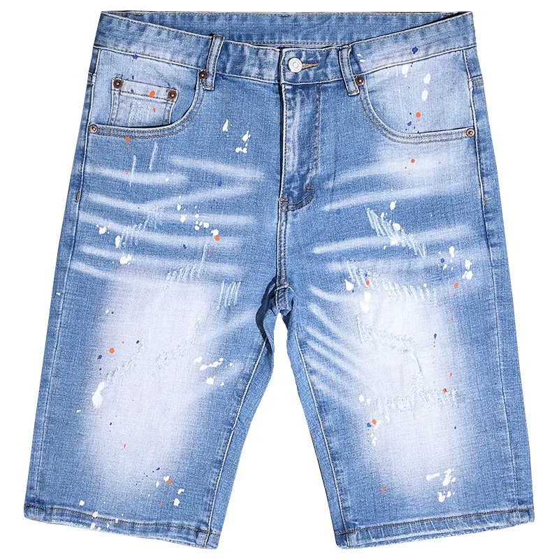Denim Shorts Men Fashion Dots Printed Ripped Short Jeans Summer Streetwear Casual Light Blue Stretch Straight Slim Fit Pants