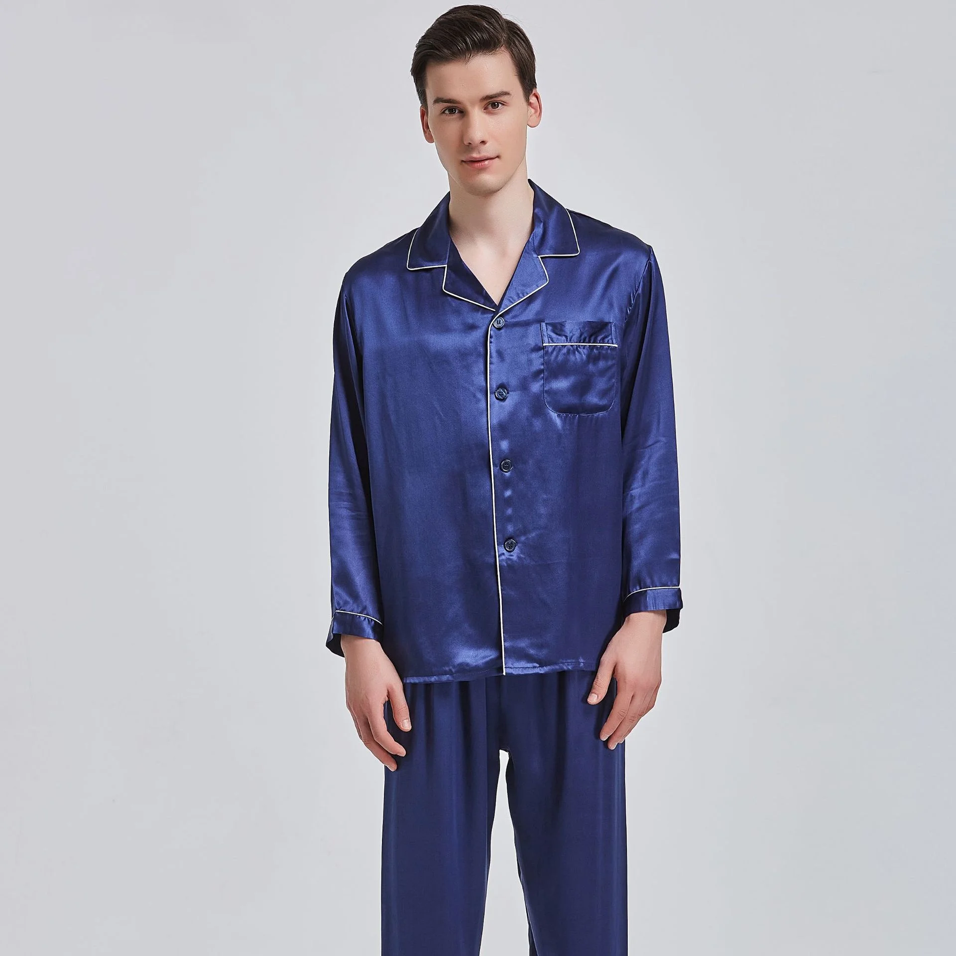 Silk Wholesale Men's 100% Mulberry Pajamas Two-Piece Set Men Summer Long-sleeved Trousers Pajama Male Luxury Sleepwear Suit