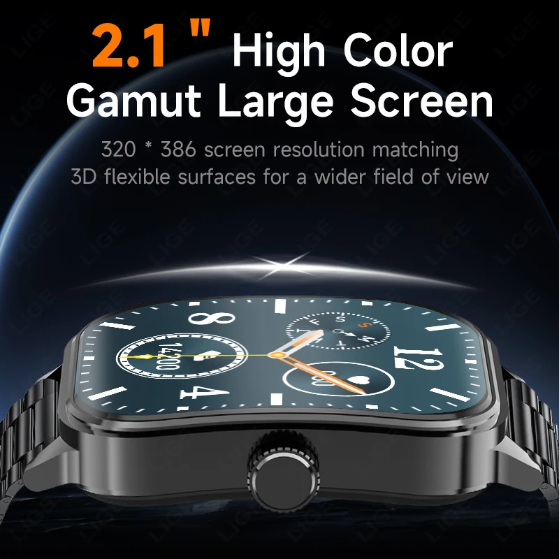 Мужские смарт - часы LIGE 3D HD 2.1 дюймовый экран Bluetooth телефоны водонепроницаемые