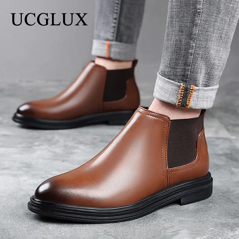 

UCGLUX Men's Platform Leather Shoes Pointed Toe Low Heel Ankle Boots Fashion Business Boots Large Size Casual Men's Boots
