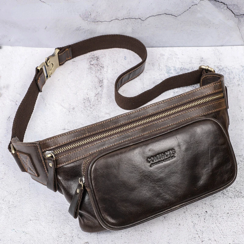 Men's Waist Packs Casual Genuine Cowhide Leather Mobile Phone Pocket Outdoor Sports Crossbody Chest Bag Adjustable Strap